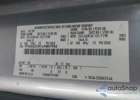 2020 Ford Transit-350 Passenger Van Xl z USA, uszkodzony, nr VIN 1FDAX2C81LKB07592